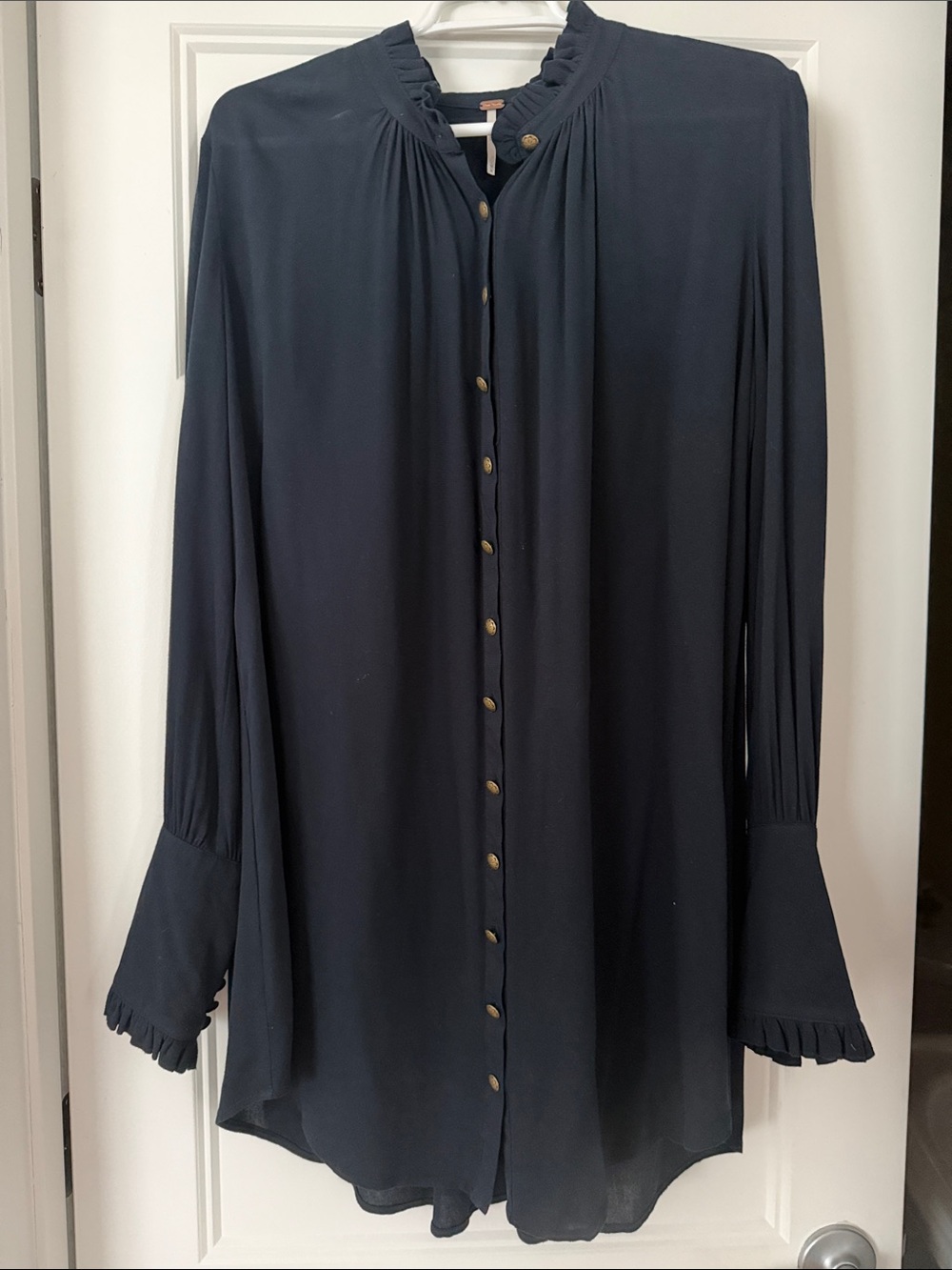 Free People Navy Button-Front Pleated Yoke Long Sleeve Blouse